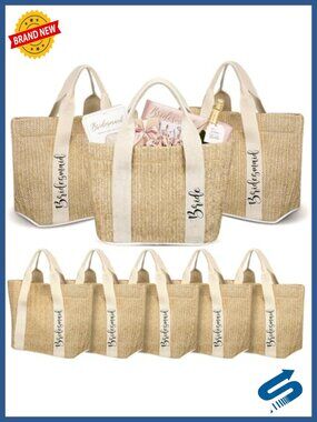 Set of 8 Straw Woven Bachelorette Beach Tote Bags Bridal Party Gift
